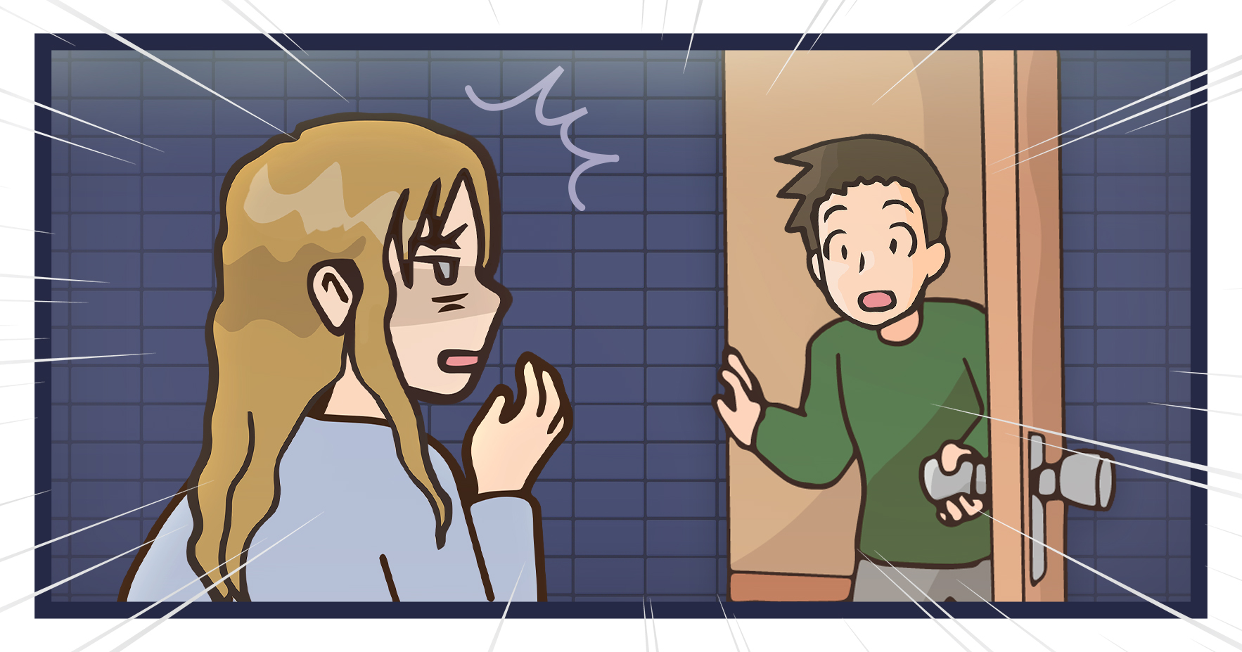 ドアを開けたら知り合いでびっくりしている女性のイラスト