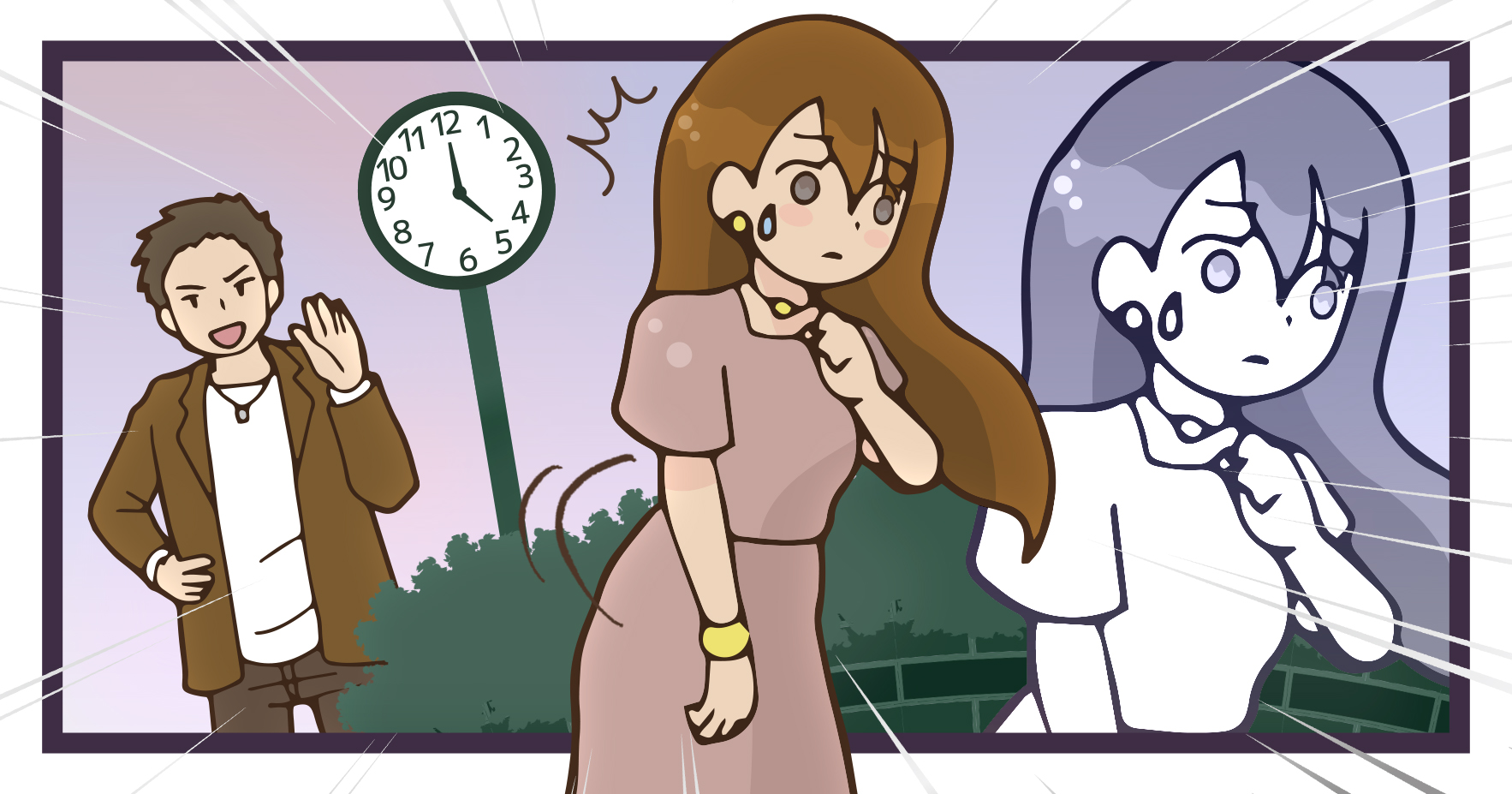 待ち合わせをして知り合いが来てびっくりしている女性のイラスト